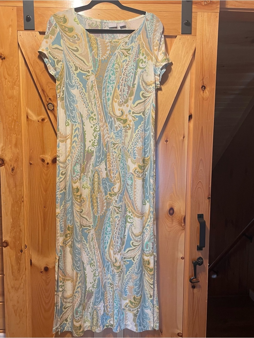 Chico's Paisley Short-Sleeve Maxi Dress in Light Blue, Cream & Green